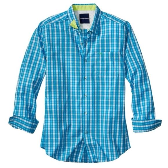 Tommy Bahama Paradise Pima Checked Shirt Men Medium Bright Blue, White & Green - Picture 1 of 11